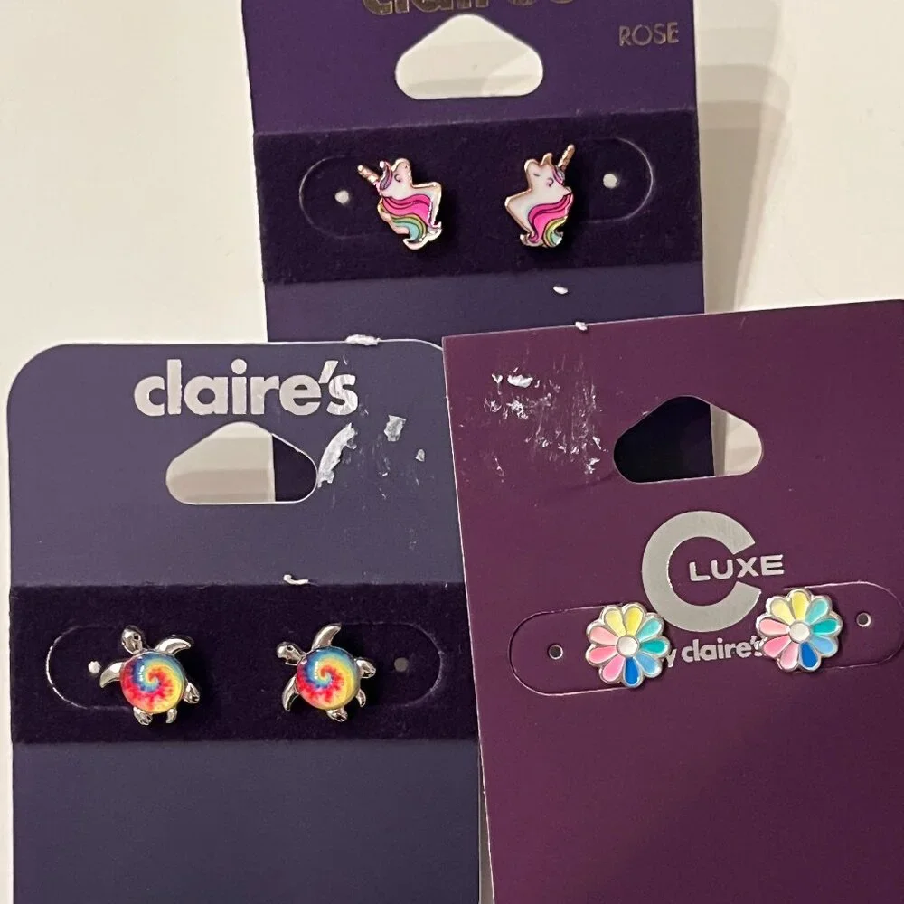 Claire’s & Luxe by Claire’s‎ Stud Earrings Trio Unicorns, Flowers & Turtles! 🦄